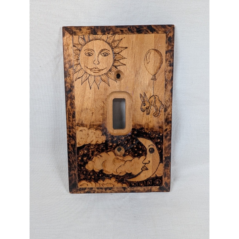 Whimsical Sun Moon Bunny Handmade Wood Burning Light Switch Cover